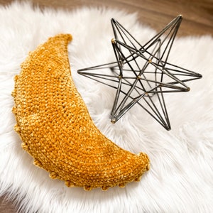 Crocheted Yellow Velvet Moon Pillow, Crocheted Nursery Pillow, Handmade Moon Pillow