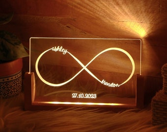 Lámpara de noche Infinity de doble nombre con fecha - Luz nocturna personalizada - Idea de regalo para parejas - Regalo de compromiso de aniversario de boda para esposa o ella