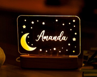 Luz de noche personalizada con luna y estrellas - Luz de noche personalizada con nombre - Decoración para habitación infantil - Decoración para guardería - Regalos de Navidad para niños
