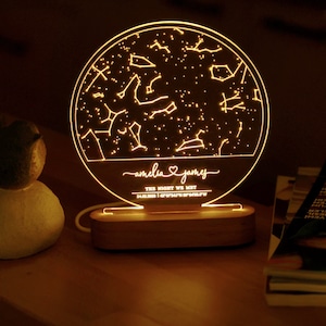 Veilleuse carte des étoiles personnalisée, lampe graphique de constellation personnalisée, impression carte premier rendez-vous, cadeau d'anniversaire pour couple