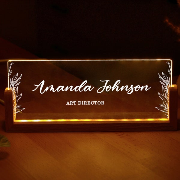 Personalized Desk Name Plate with Wooden Base - Lighted Acrylic Nameplate - Christmas Gift for Coworker - Desk Accessories - New Job Gifts