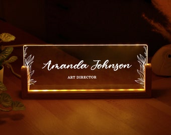 Personalized Desk Name Plate with Wooden Base - Lighted Acrylic Nameplate - Christmas Gift for Coworker - Desk Accessories - New Job Gifts