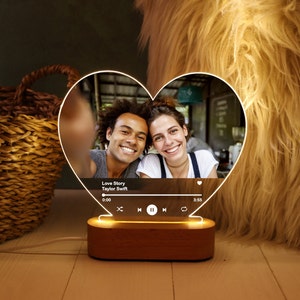 Personalized Music Photo Light - Illuminated  Heart Music Plaque - Custom Night Light with Song - Gift for Him - Romantic gift for Couple