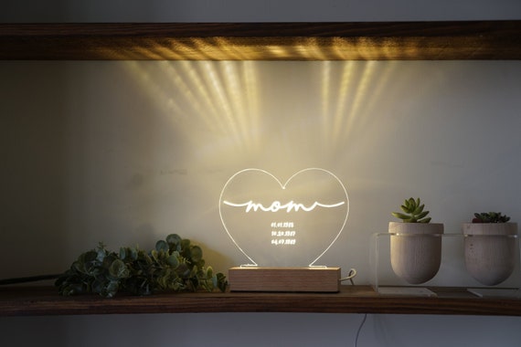 Veilleuse en acrylique avec photo et nom personnalisés, cadeau de fête des  mères pour maman, base en bois personnalisée, lampe de nuit 3D avec votre