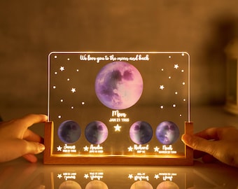 Luminária noturna personalizada com fases da lua por data, presente para o Dia das Mães, presente para a mamãe, presentes personalizados com fases da lua por data, presente para a mamãe