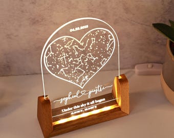 Luz de noche con forma de corazón y constelación - Mapa estelar en la luz de noche - Regalo personalizado para novia - Regalo para el 1.º o 5.º aniversario - Regalo de San Valentín para ella