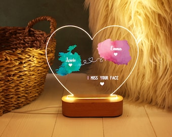 Luce notturna personalizzata con due mappe, regalo di compleanno per lei, regalo per la tua mancanza, regalo personalizzato per lui