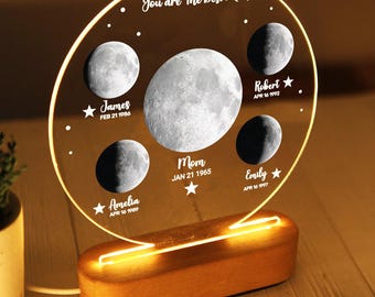 Personalized Moons Phase with Kids Names, Custom Moons Phase LED Night Light, Mother’s Day Gifts,Gift for Mum, Custom Night light Moon Phase