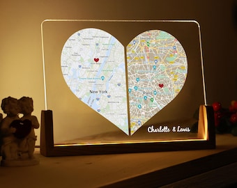 Personalized Heart Map Night Light, Long Distance Anniversary Gift