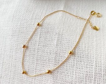 18K Solid Gold Beaded Bracelet, Minimalist Dainty Chain Jewelry, Adjustable Au750