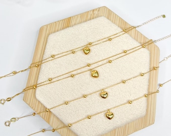 18K Solid Gold Beaded Bracelet with Heart - Double Strand Adjustable