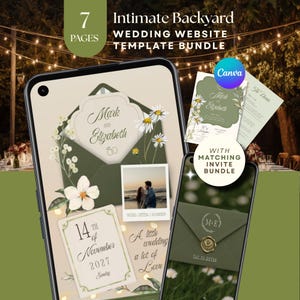 Micro Wedding Website Template Bundle, Olive Green Canva Wedding Website, Backyard Intimate Ceremony Invitation & Matching Stationery