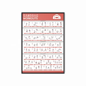 May include: A black and white poster with the title "Sandbag Workouts". The poster features illustrations of different exercises using a sandbag, categorized by body part: upper body, back, core, lower body, and total body.