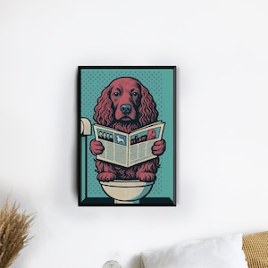 Poster divertente con cane da bagno, stampa di animali divertenti sul water, decorazione artistica da bagno, arte murale retrò e divertente, decorazione per la casa per gli amanti dei cani.