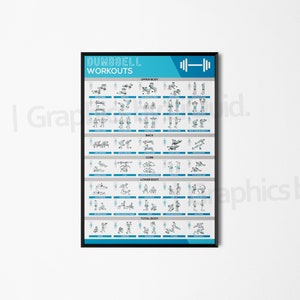 May include: A black and white printable poster with a blue border featuring a dumbbell workout chart. The chart is divided into sections for upper body, back, core, lower body, and total body. Each section shows a series of exercises with illustrations of a person performing each exercise using dumbbells.