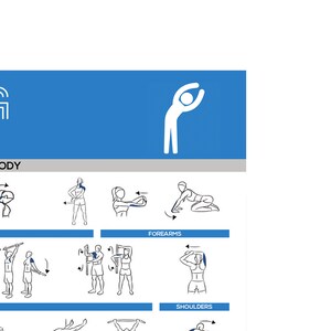 以下が含まれることがあります： 前腕、肩、体のさまざまなストレッチをデモンストレーションしている人の白黒イラスト。イラストは矢印でストレッチの方向を示しています。
