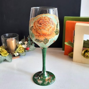 Wine Glass Roses Floral Design, Handmade Decoupage Glass, Birthday Gift Idea, Floral Drinkware, Elegant Glass. Decorated Wine Glass.
