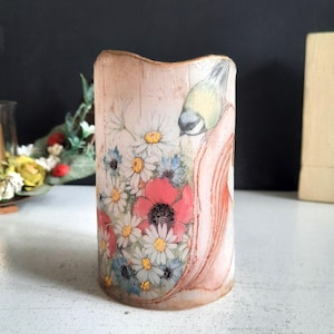 FLAMELESS CANDLE flowers and birds. Spring flameless candle, floral flameless candle. Summer home decoration, spring candle, gift for her