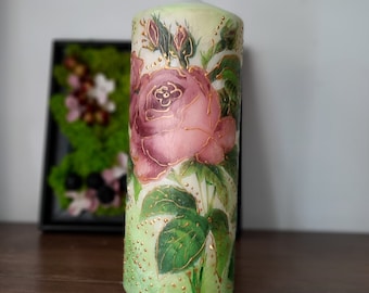 Candle decorated with roses. The large decoupage candle Hand painted candle with 3D details. Art candle gift. Mother's Day gift