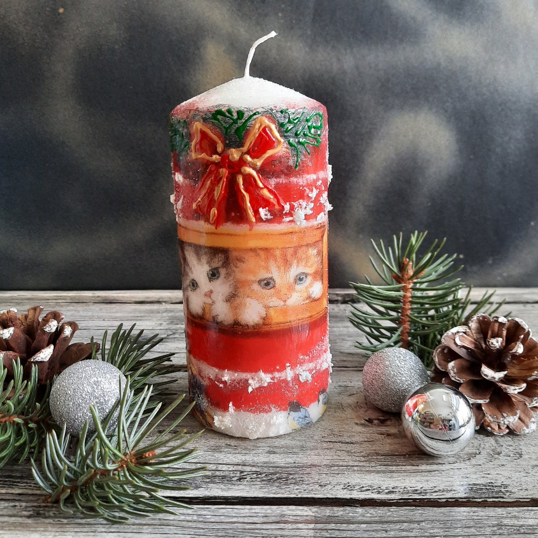 Candle Kittens. Hand Painted Christmas Candle. Decorated Pillar Candle