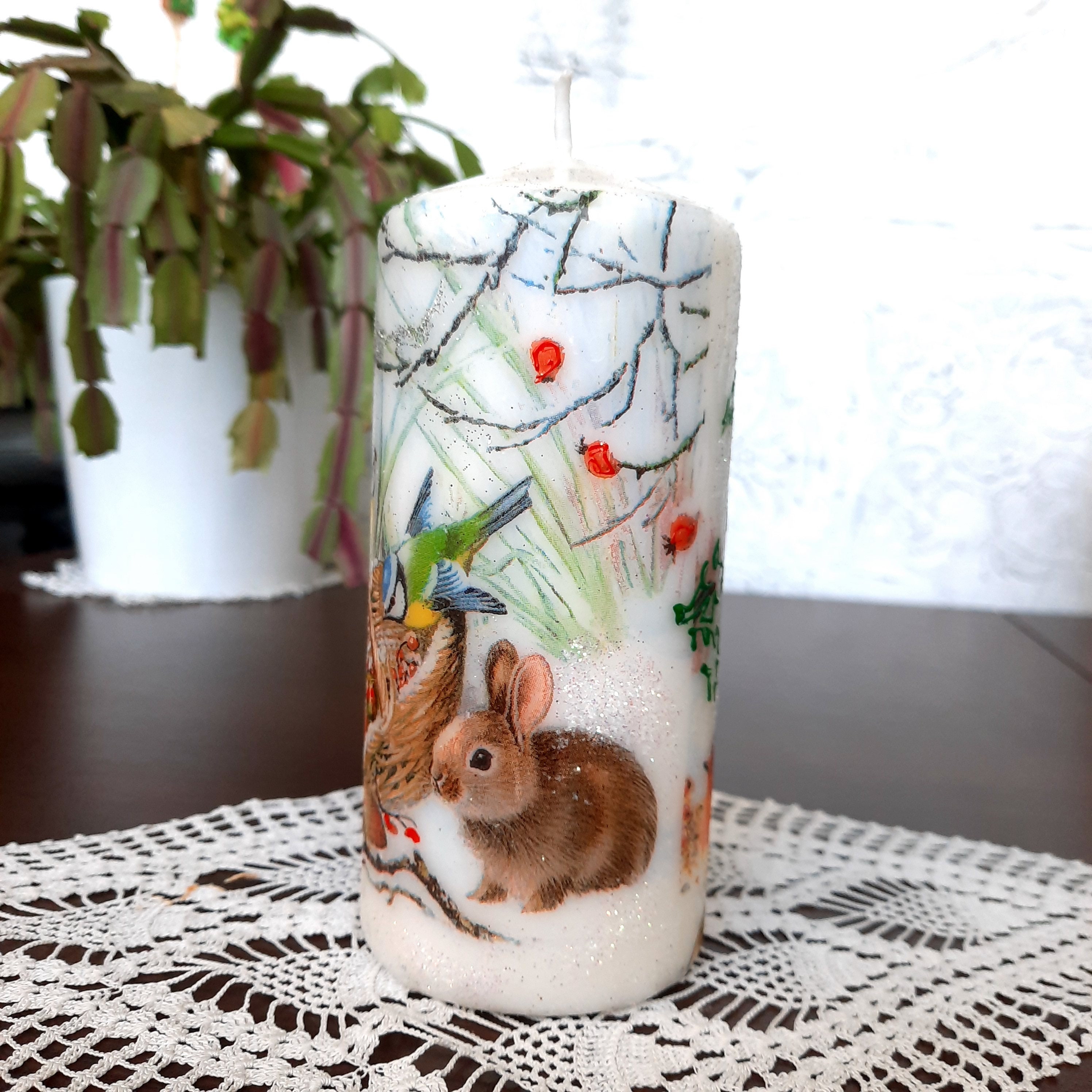 Christmas Candle Robin and Friends. Decoupage Candle, Handmade ...