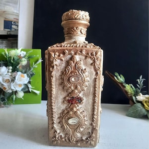 Decorated Glass Bottle, Gold Ornate Bottle, Victorian Style, Bottle Polymer Clay Decor, Recycled Bottle, Art Bottle Home Decor, gift.