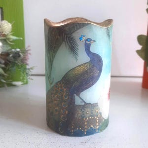 Hand-decorated flameless peacock candle - LED pillar candle, peacock home decoration, peacock gift, unique home decoration. Bird candle