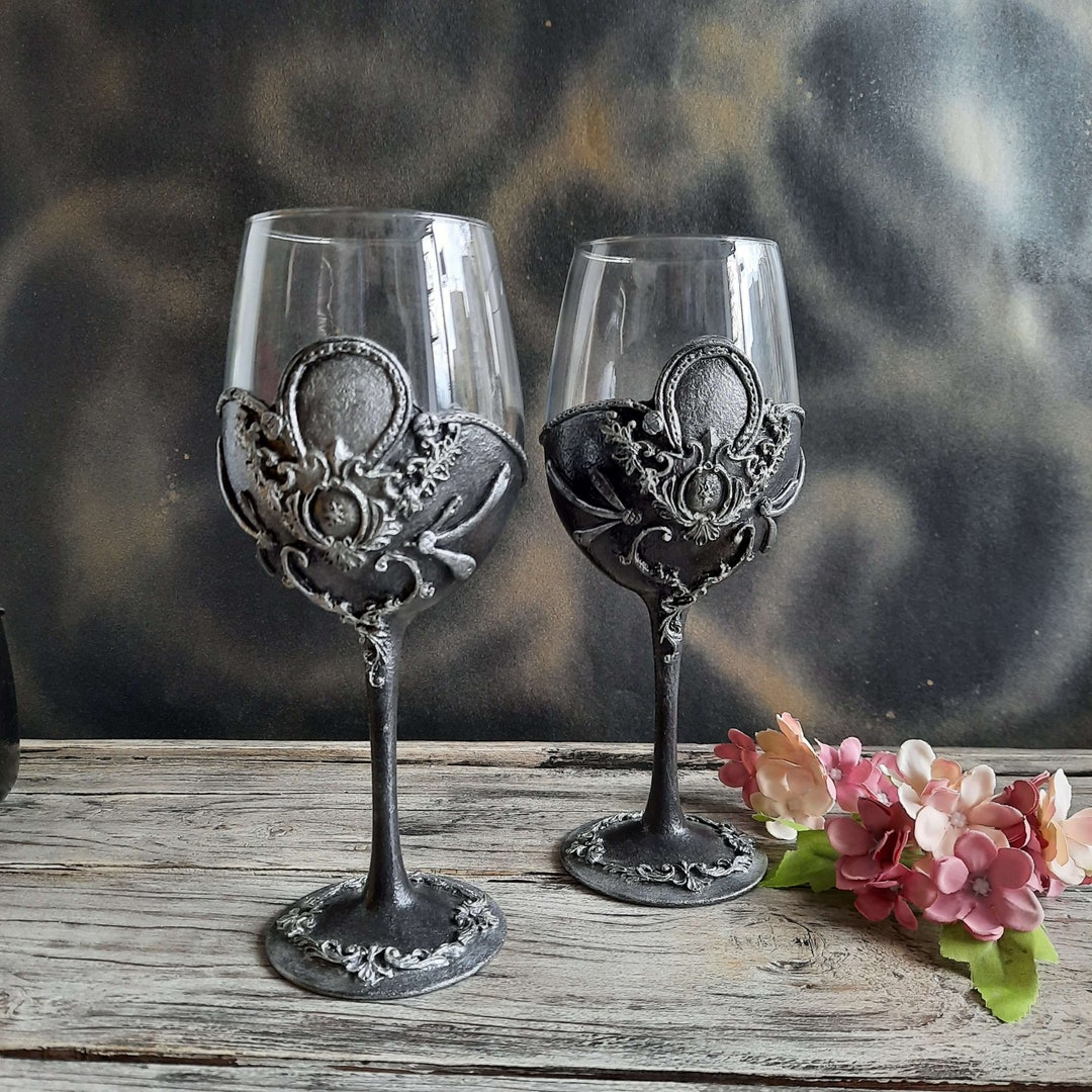 Decorated Wine Glasses. Wine Goblets. Gothic Wine Glasses in Etsy