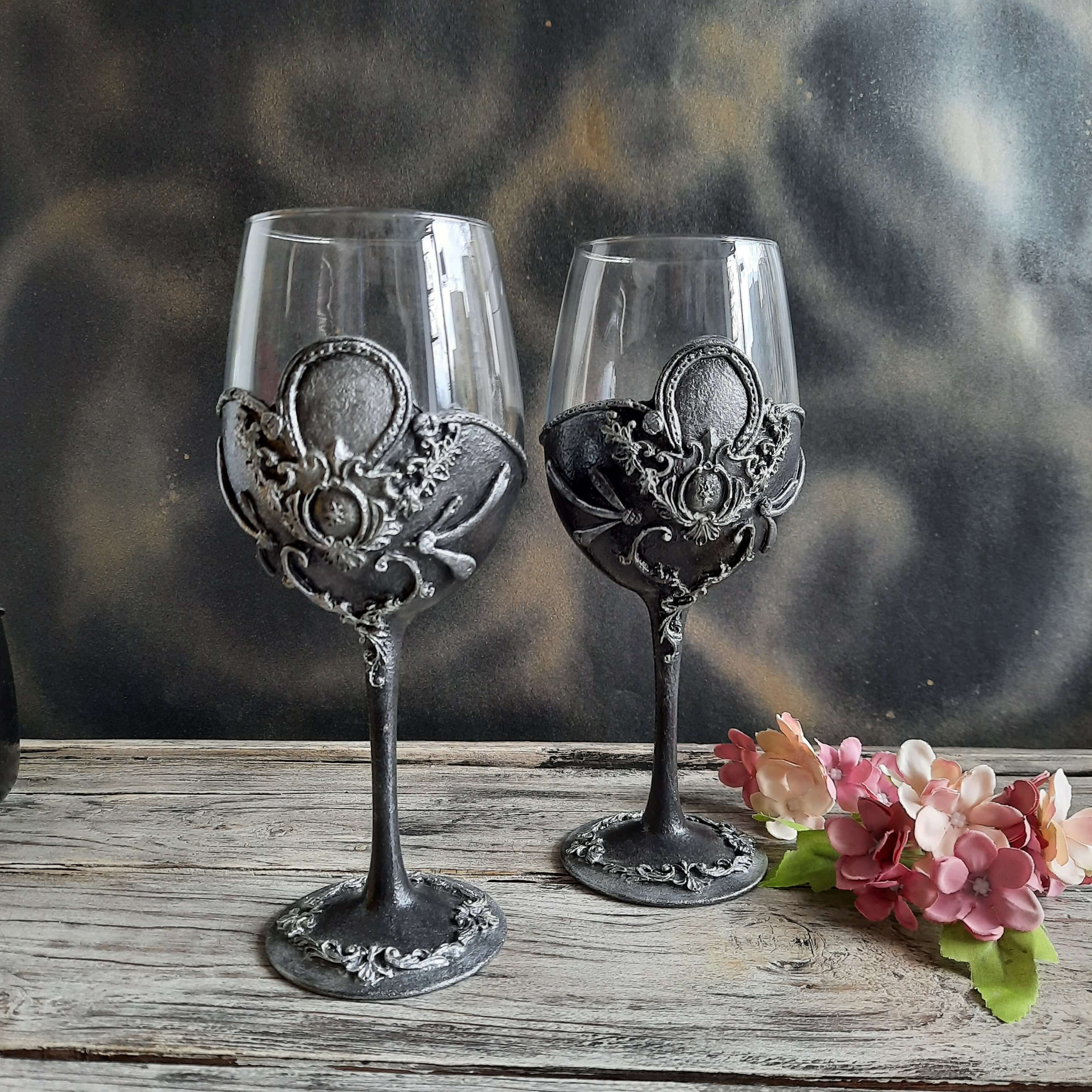Black Wine Glasses. Gothic Decorated Wine Glasses, Luxury Gift