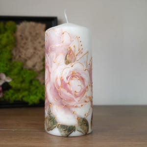 Decorated candle with pink roses. Roses Traditional Paraffin Candle, Decoupage Candle, Rose Candle, Rose Lover Gift, Rose Candle Gift.