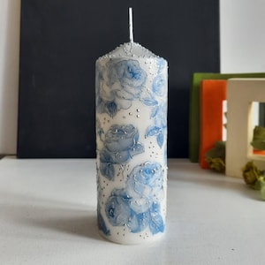 Candle - Blue Roses, botanical pillar candle. Floral candle. Spring candle, decorated blue rose candle, rose candle gift, decoupage.