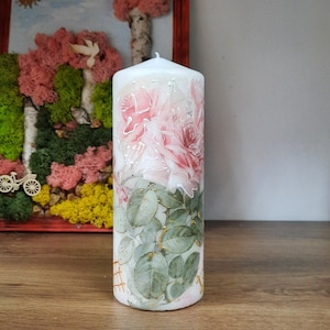 Candle - Pink roses. Large pillar candle decoupage. Candle decoration with roses. Art candle with hand painted details. candle  roses.