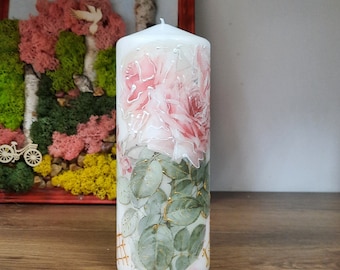 Candle  - Pink Roses. Large Decoupage pillar candle. Candle decorated with pink roses. Decorative art candle. Decorated candle with flowers
