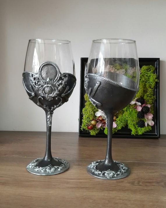 Black Wine Glasses. Gothic Decorated Wine Glasses, Luxury Gift