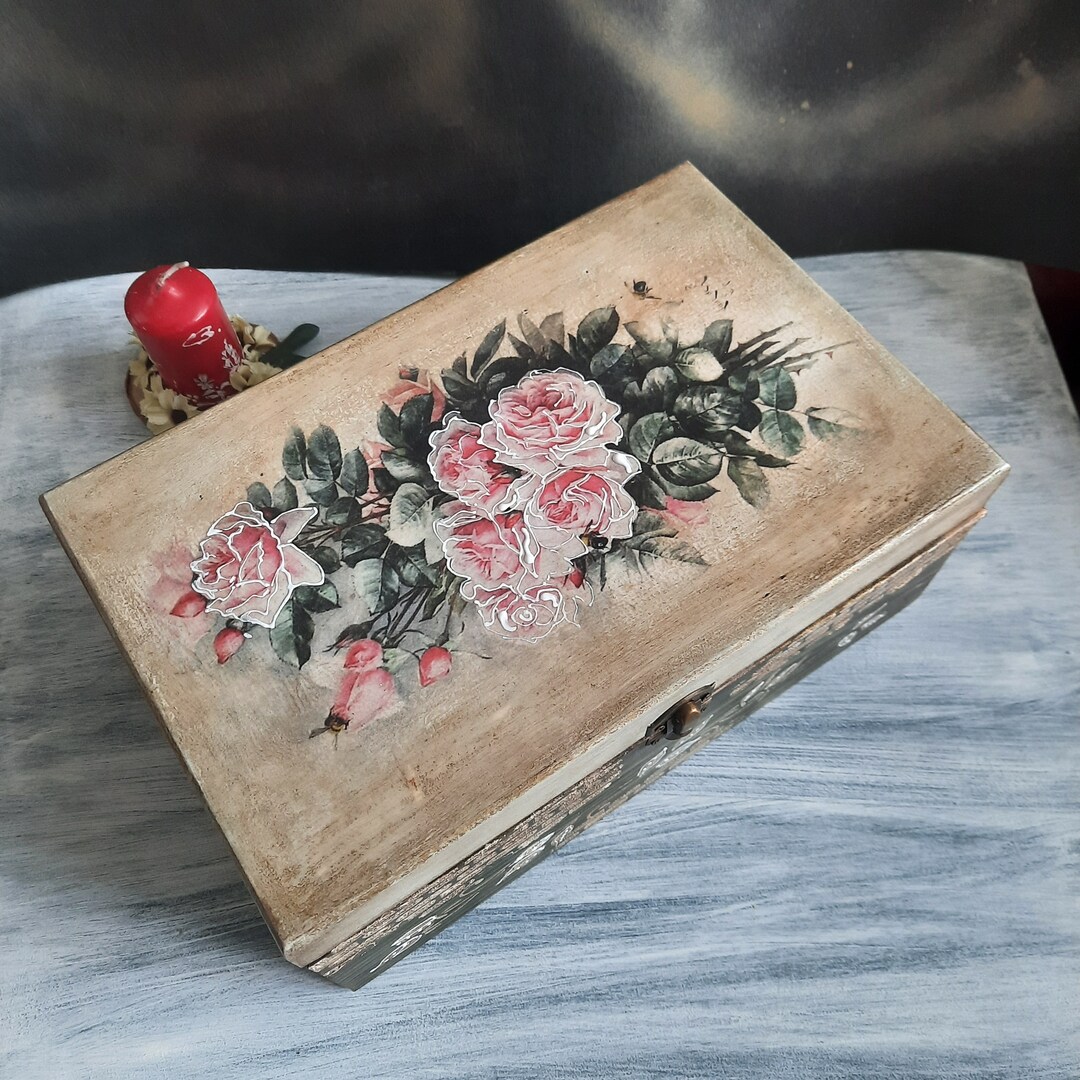 Großes Schmuckkästchen mit Rosen. Decoupage Holzbox mit Rosen. - Etsy.de