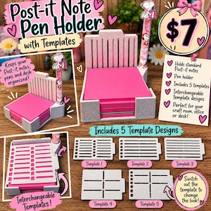 May include: A speckled light gray desk organizer for Post-it notes and pens, featuring a vertical back panel for interchangeable templates. Includes five distinct rectangular templates with various slot patterns and a pink pen with a cartoon character.