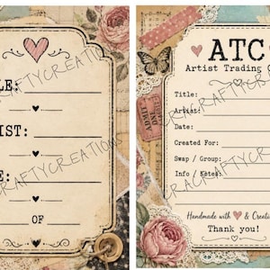 May include: Two rectangular artist trading cards with cream-colored centers and scalloped edges. The left card features fields for Title, Artist, Date, and number. The right card includes ATC, Artist Trading Card, and fields for details.
