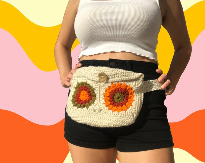 Green Crochet Fanny Pack, 70s Granny Square Crochet Waist Bag, Festival