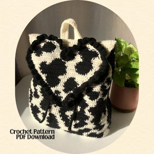 Heart Cow Print Crochet Backpack Pattern, Drawstring Bag (Digital Pattern)