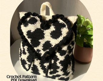 Heart Cow Print Crochet Backpack Pattern, Drawstring Bag (Digital Pattern)