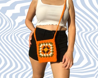 Orange Crochet Mini purse, Boho Crochet Crossbody Bag, 70s Crochet Purse, Small Crochet Granny Square Bag, Boho Crochet Purse, Crochet Bag