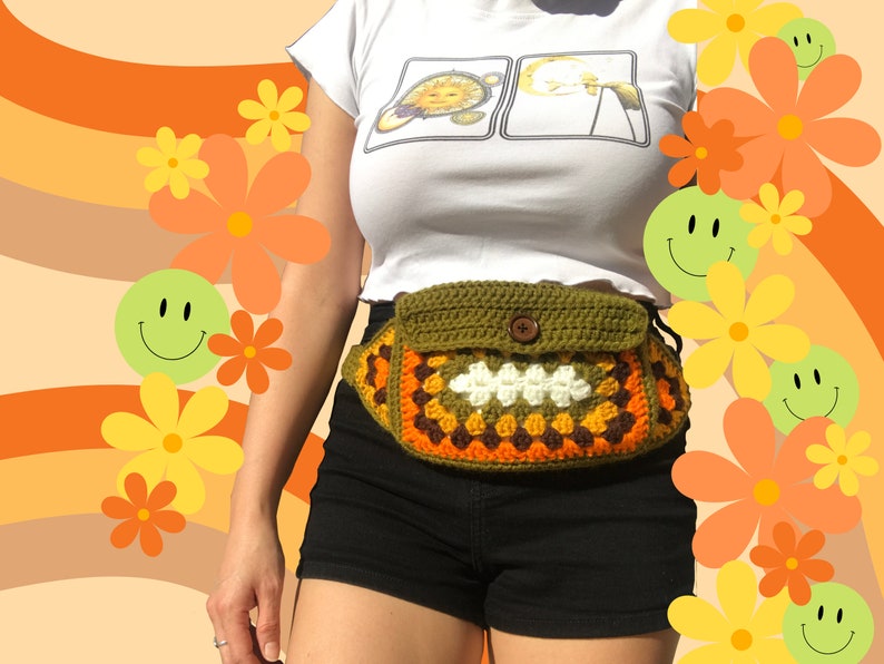 Green Crochet Fanny Pack 70s Granny Square Crochet Waist Bag Etsy