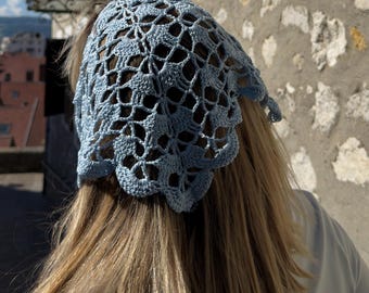 Crochet Lace Bandana Blue, Dusty Blue Headscarf, Boho Crochet Hair Scarf, Summer Bandana, Handmade Cotton Scarf, Shell Stitch Headband