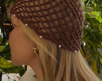 Crochet Net Hat, Brown Mesh Beanie, Handmade Cotton Hat, Boho Summer Hat, Crochet Snood Hat, Vintage Hair Net Hat