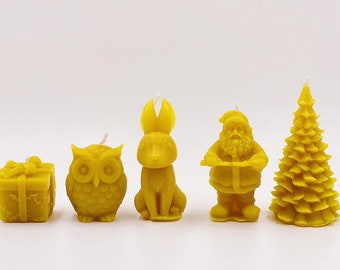 Beeswax candles , Set of beeswax candles , Unique gift idea , Owl candle, Rabbit candle, Christmas gift, Christmas tree, Santa Claus candle