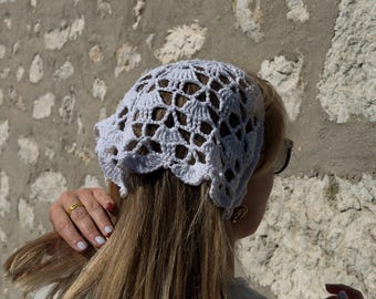 Crochet Lace Bandana, White Lace Headscarf, Boho Crochet Scarf, Summer Hair Bandana, Handmade Cotton Headband, Romantic Lace Scarf