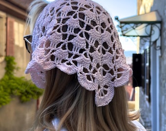 Crochet Lace Bandana Blush Pink, Soft Pink Hip Scarf, Boho Waist Wrap, Handmade Cotton Headscarf, Beach Cover Up Scarf, Festival Bandana