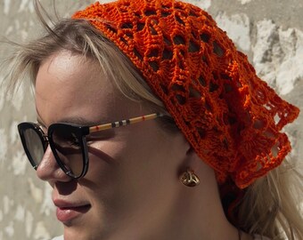 Crochet Lace Shawl Orange, Boho Triangle Shawl, Handmade Cotton Wrap, Summer Crochet Shawl, Beach Cover Up, Romantic Lace Wrap