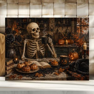 May include: A rectangular wall art print depicting a skeleton sitting at a table, drinking from a black mug, and reading an open book. The scene includes small pumpkins, autumn leaves, lit candles, and a dark, moody interior setting with warm lighting.