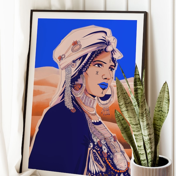 Impression d'art mural femme amazighe | Kabyle | oeuvres d'art vintage | Décoration éclectique | Affiche de voyage | Cadeau pour elle